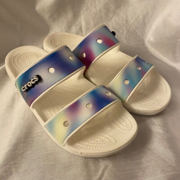 Crocs Men’s Size 12 Classic White Tie Dye Solarized Double Strap Slide Sandals - Picture 1 of 6